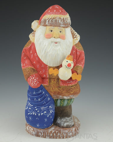 Wooden Russian Santa Claus Holding a Little Snowman and Toy Bag