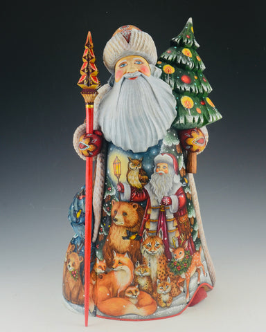 Hand Carved Santa Claus with Animals and Christmas Tree