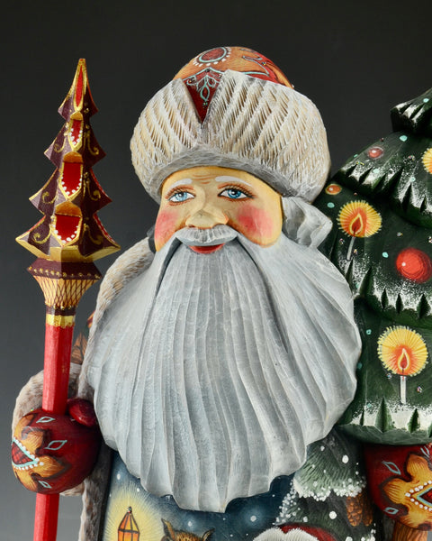 Hand Carved Santa Claus with Animals and Christmas Tree