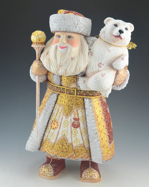 Festive Red Russian Santa Claus Holding a Polar Bear 14.5 inch