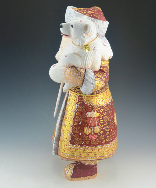 Festive Red Russian Santa Claus Holding a Polar Bear 14.5 inch