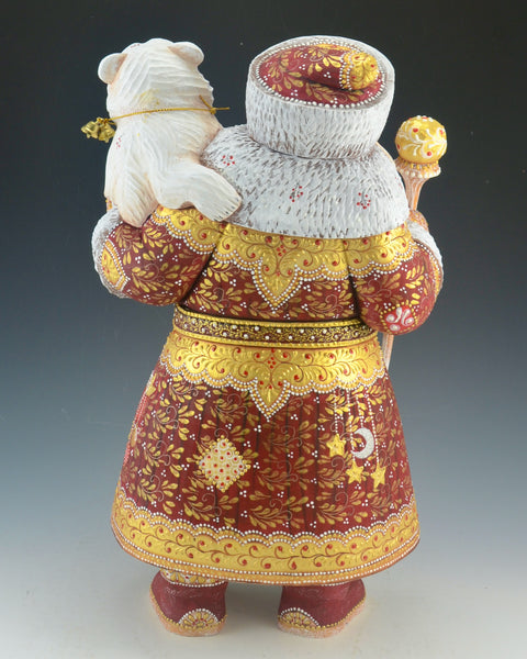 Festive Red Russian Santa Claus Holding a Polar Bear 14.5 inch