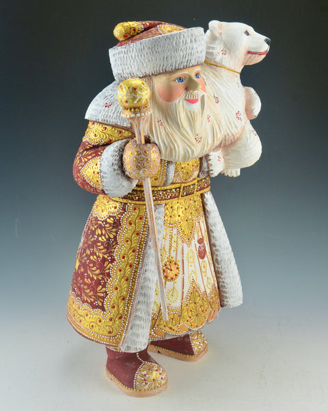 Festive Red Russian Santa Claus Holding a Polar Bear 14.5 inch