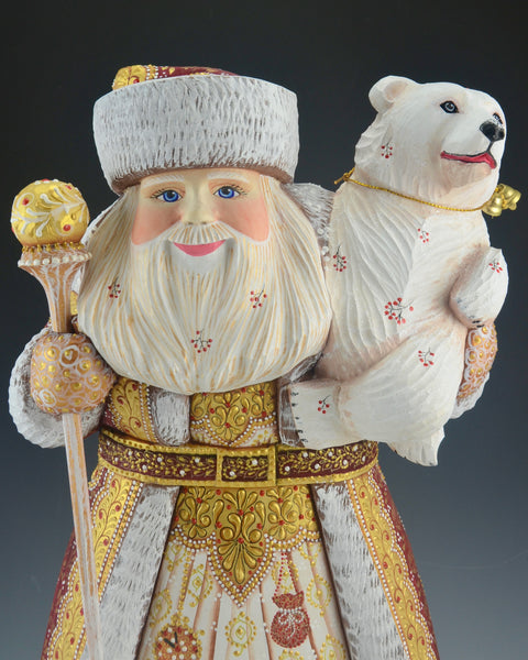 Festive Red Russian Santa Claus Holding a Polar Bear 14.5 inch