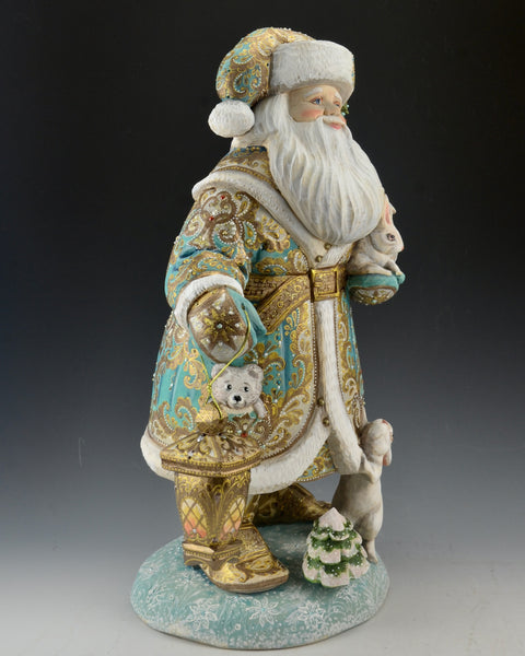 16 inch Blue and Gold Santa Carving with Rabbits and a Lantern
