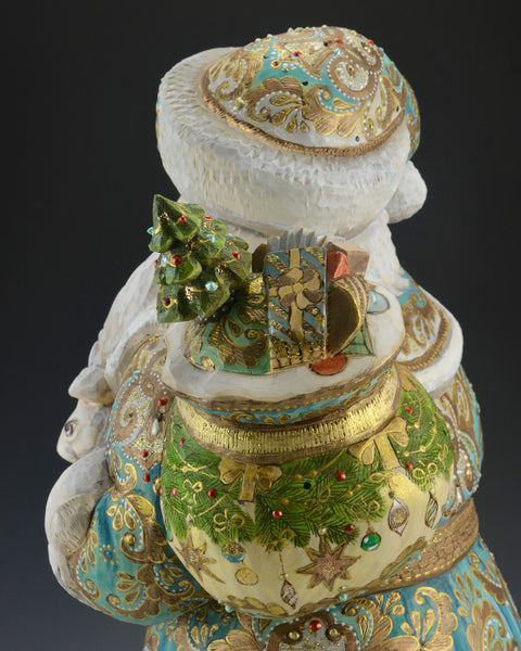 16 inch Blue and Gold Santa Carving with Rabbits and a Lantern