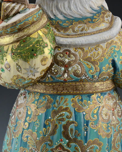 16 inch Blue and Gold Santa Carving with Rabbits and a Lantern