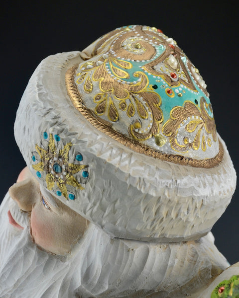 16 inch Blue and Gold Santa Carving with Rabbits and a Lantern