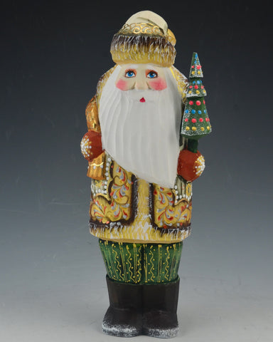 Green and Cream Short Coat Santa with Tree and Toy Bag 8 inch