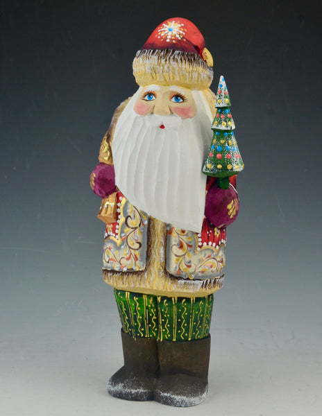 Red and Green Short Coat Santa with Tree and Toy Bag 8 inch