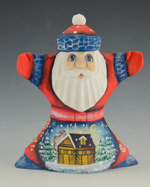 Red White and Blue Santa Carving with Log Cabin Scene 4.3 inch