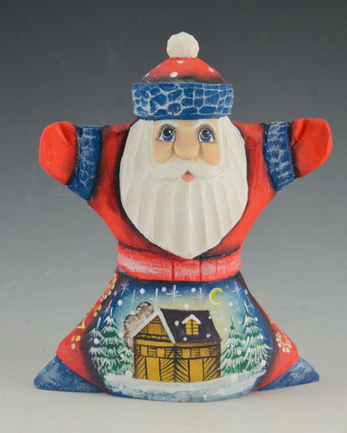 Red White and Blue Santa Carving with Log Cabin Scene 4.3 inch
