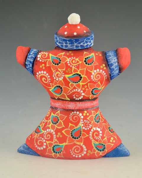 Red White and Blue Santa Carving with Log Cabin Scene 4.3 inch