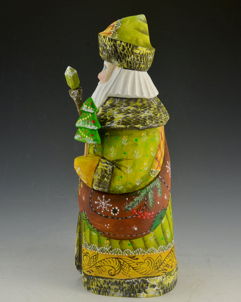Woodland Green Russian Santa with Satchel and tree 9.5 inch
