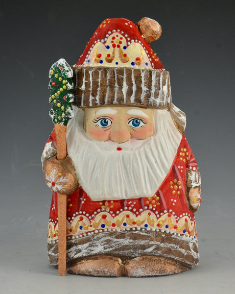 Red and White Stout Russian Santa with Staff 5 inch