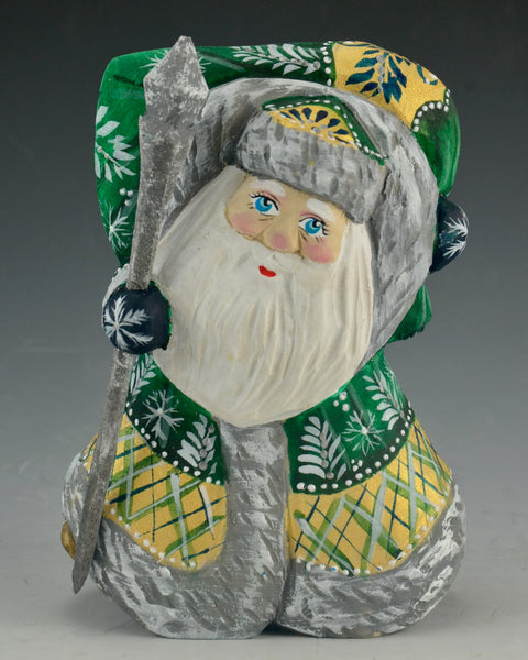 Green and Gold Walking Santa with Staff and large toy bag