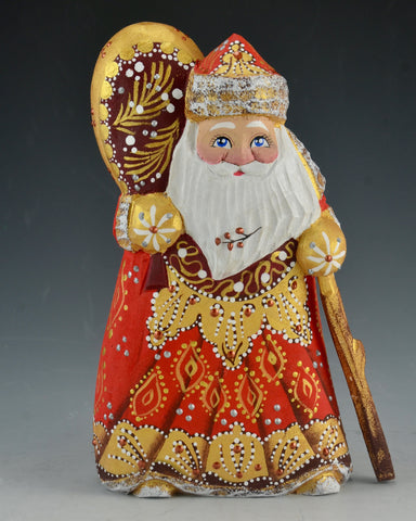 6 inch Red and gold Russian Santa with Staff and Toy Bag