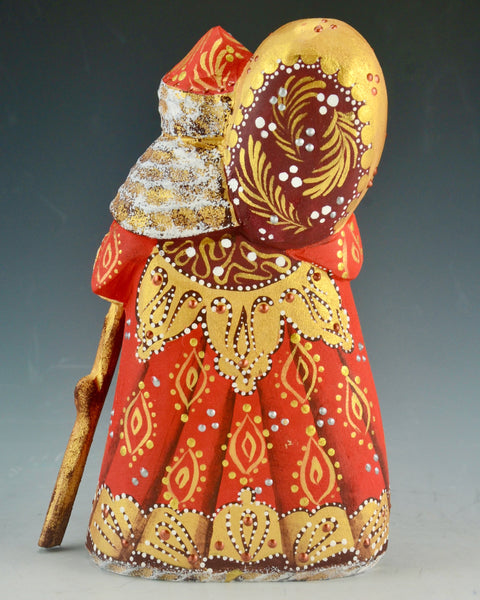 6 inch Red and gold Russian Santa with Staff and Toy Bag