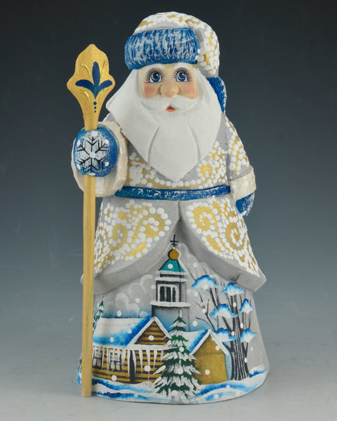 6 inch Gray and Blue Russian Santa with Staff and Church Scene
