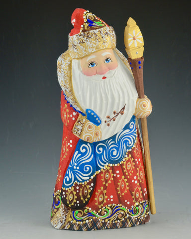 Red White and Blue Colorful Wooden Santa with Staff and Toy Bag 7.5 inch