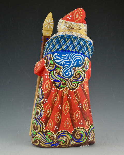 Red White and Blue Colorful Wooden Santa with Staff and Toy Bag 7.5 inch