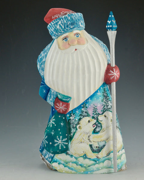 Blue Wooden Santa with Polar Bear Cubs Staff and Toy Bag 7.5 inch