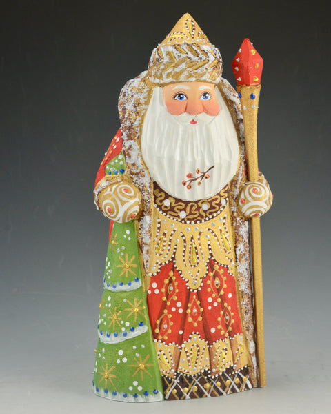 Red Gold and White Detailed Russian Santa with Tree and Staff