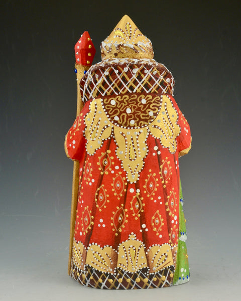 Red Gold and White Detailed Russian Santa with Tree and Staff