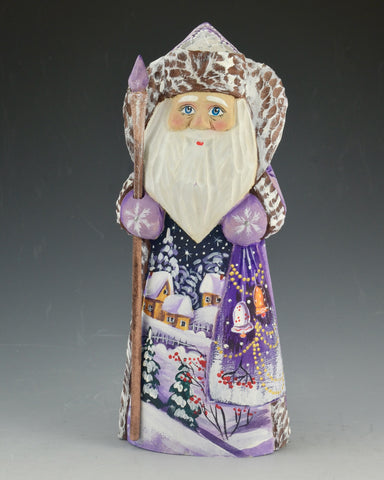 7.5 inch Purple Toned Santa Carving with Bells and Winter Scene