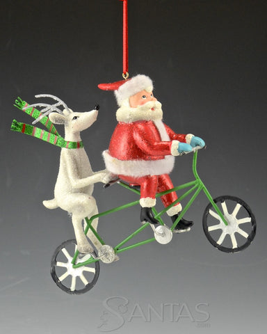 Retro Santa Ornaments and Reindeer on Bicycle and Ice Skating set of 2