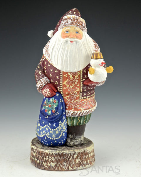 Wooden Russian Santa Claus Holding a Little Snowman