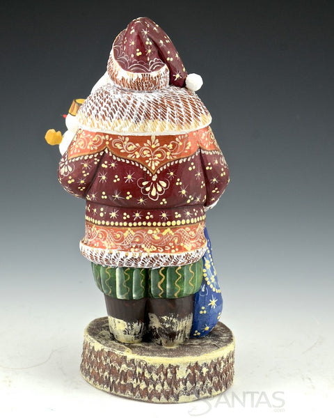 Wooden Russian Santa Claus Holding a Little Snowman