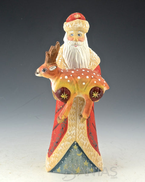 Wooden Russian Santa holding a Deer