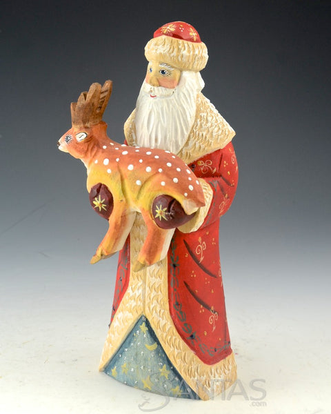 Wooden Russian Santa holding a Deer