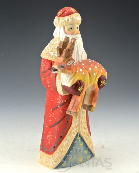 Wooden Russian Santa holding a Deer