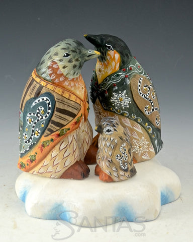 Precious Penguin Family Snowy Christmas Wood Carving