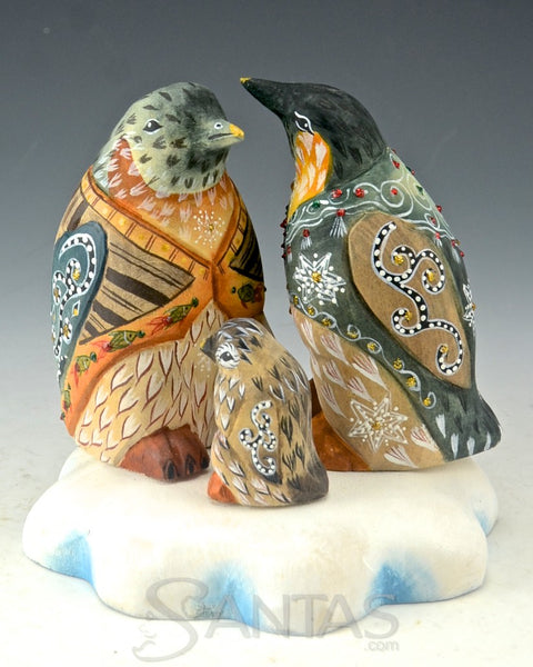 Precious Penguin Family Snowy Christmas Wood Carving