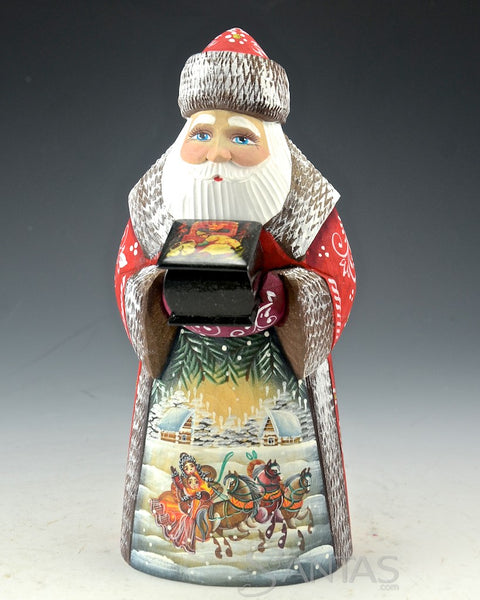 8 inch Red Russian Santa carving with troika scene and holding a lacquer box