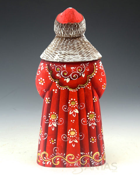 8 inch Red Russian Santa carving with troika scene and holding a lacquer box