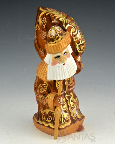 Rich Brown and Gold Traveling Santa with Staff and Toy Bag