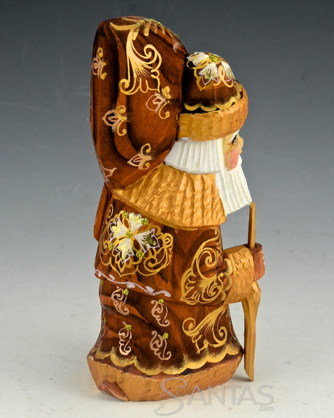 Rich Brown and Gold Traveling Santa with Staff and Toy Bag