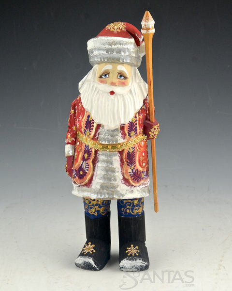 Red and Gold Russian Santa with Staff and Black Boots 7.5 inch