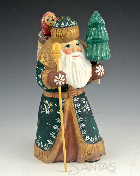 Hand Carved Wooden Santa Claus Figurine Russian Santa buying Figure Old World Santa Doll Wood Carving 7 inch (18 cm)