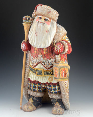 Decorative Long Coat Russian Santa with Staff and Lantern 16 inch