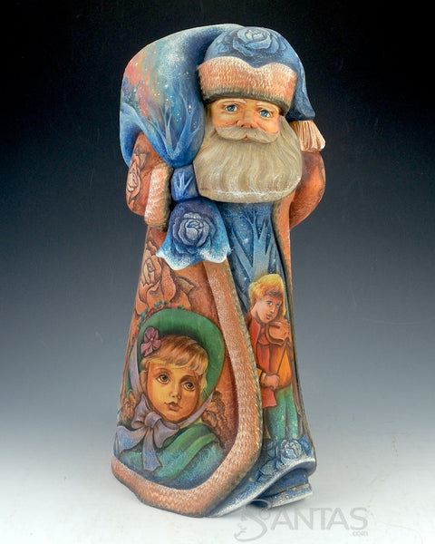 Beautiful Blue Toned Russian Santa Carving with Children and Scenes 12.5 inch