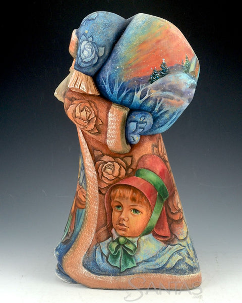 Beautiful Blue Toned Russian Santa Carving with Children and Scenes 12.5 inch
