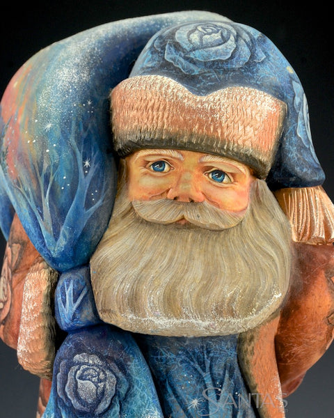 Beautiful Blue Toned Russian Santa Carving with Children and Scenes 12.5 inch