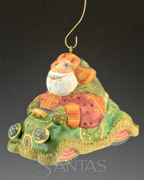 Solid Wood Carved Santa in a Car Ornament