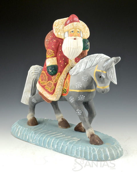 Santa on Horse Prancing into Christmas Carved Russian Santa