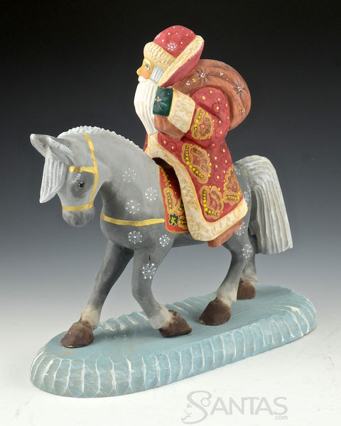Santa on Horse Prancing into Christmas Carved Russian Santa